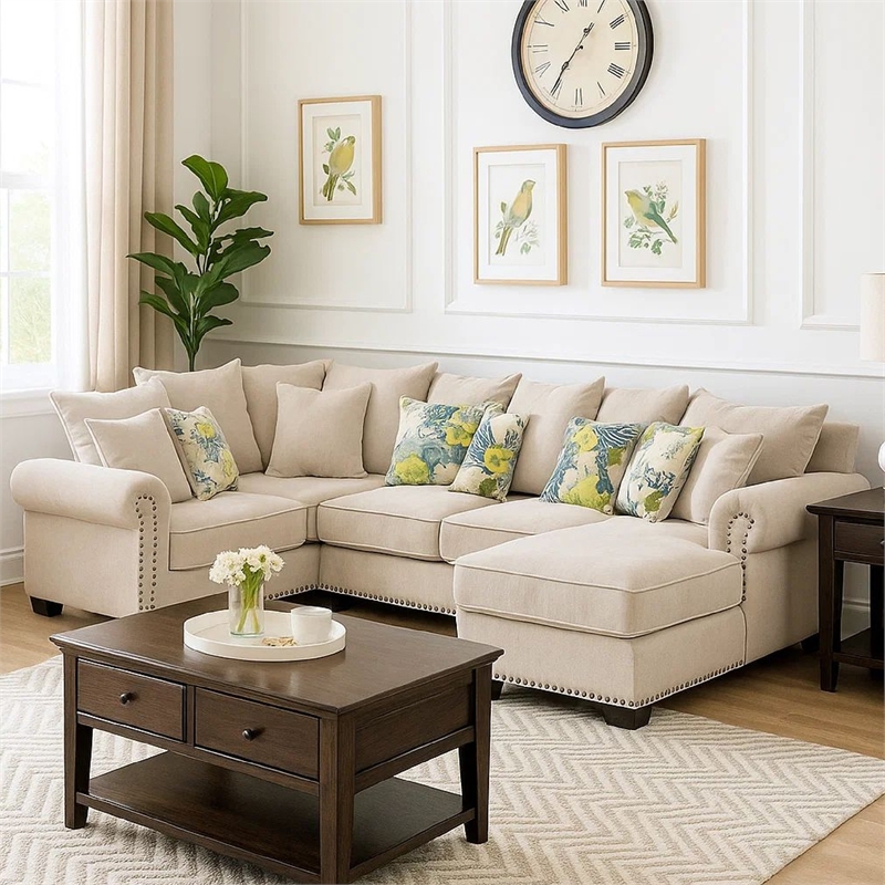 Benjara Nailhead Trim Fabric Upholstered Sectional Sofa w/ Rolled Armrests-Beige