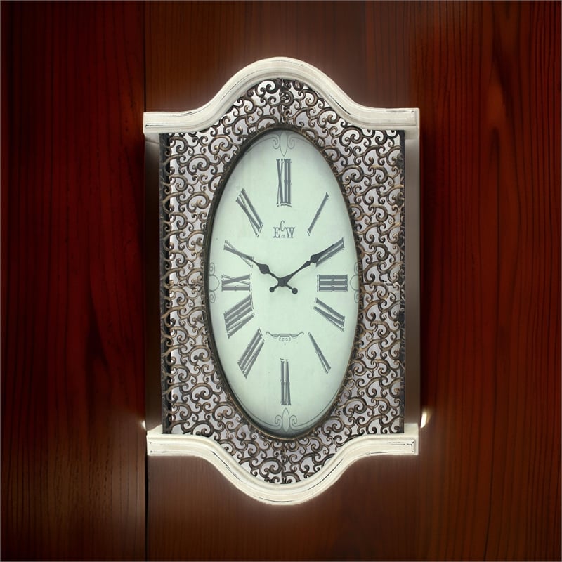 Benjara Wall Clock Set of 2 with Scalloped Wooden Top and Bottom- White