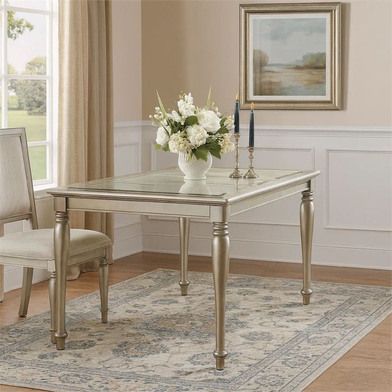 Benjara Rectangular Wooden Dining Table w/ Glass Top Inserts & Turned Legs-Gold