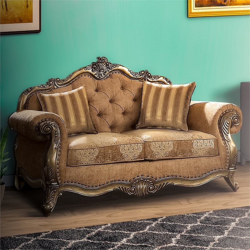 Benjara Scrolled Crown Top Fabric Loveseat with Cabriole Legs- Beige and Brass