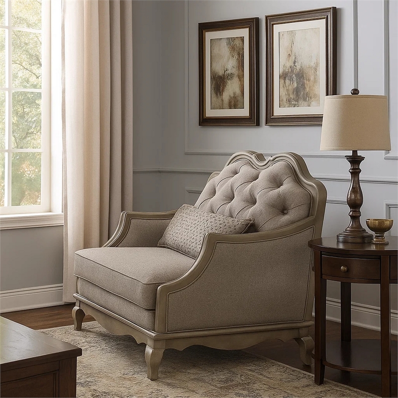 Benjara Button Tufted Camel Back Chair with Pillows & Scalloped Trim Arms- Gray
