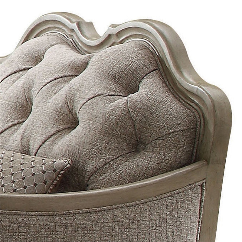 Benjara Button Tufted Camel Back Chair with Pillows & Scalloped Trim Arms- Gray
