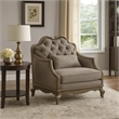 Benjara Button Tufted Camel Back Chair with Pillows & Scalloped Trim Arms- Gray