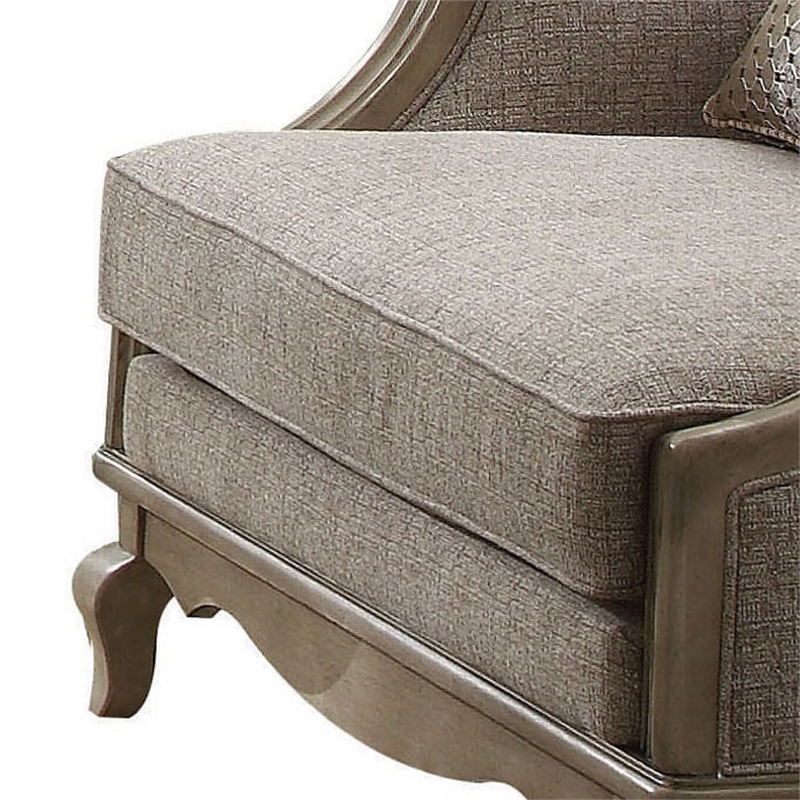 Benjara Button Tufted Camel Back Chair with Pillows & Scalloped Trim Arms- Gray