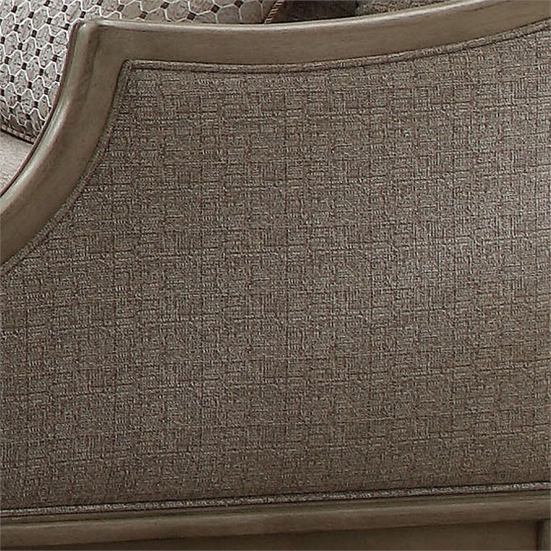Benjara Button Tufted Camel Back Chair with Pillows & Scalloped Trim Arms- Gray