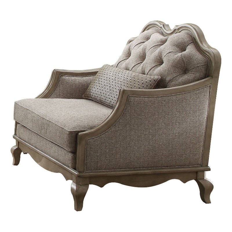 Benjara Button Tufted Camel Back Chair with Pillows & Scalloped Trim Arms- Gray