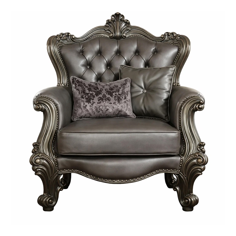 Benjara Scalloped Trim Button Tufted Leatherette Chair with Scrolled Legs- Gray