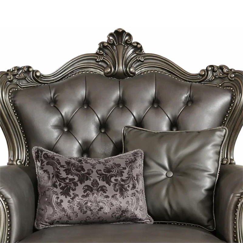 Benjara Scalloped Trim Button Tufted Leatherette Chair with Scrolled Legs- Gray