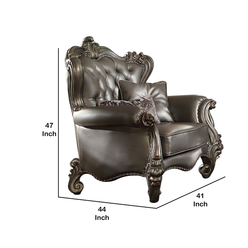Benjara Scalloped Trim Button Tufted Leatherette Chair with Scrolled Legs- Gray