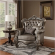 Benjara Scalloped Trim Button Tufted Leatherette Chair with Scrolled Legs- Gray