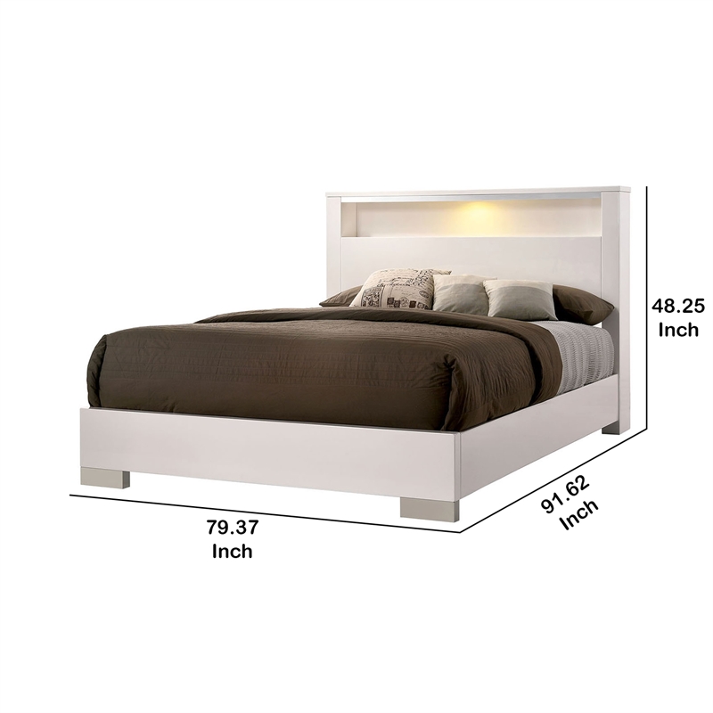 Benjara Modern Eastern King Size Bed with Shelved Headboard and LED Light- White