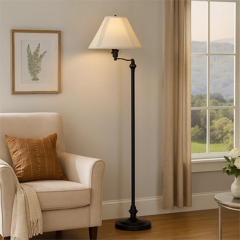 Benjara 150 Watt Metal Floor Lamp with Swing Arm and Fabric Conical Shade- Black