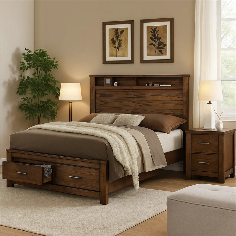 Benjara Wooden Eastern King Size Bed with Open Shelves and Drawers- Brown