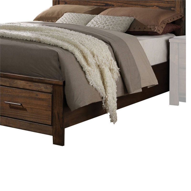 Benjara Wooden Eastern King Size Bed with Open Shelves and Drawers- Brown