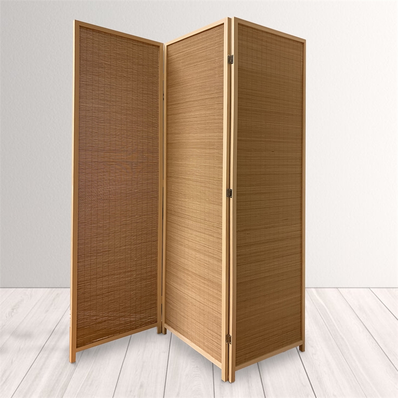 Benjara 3 Panel Bamboo Shade Roll Room Divider- Natural Brown