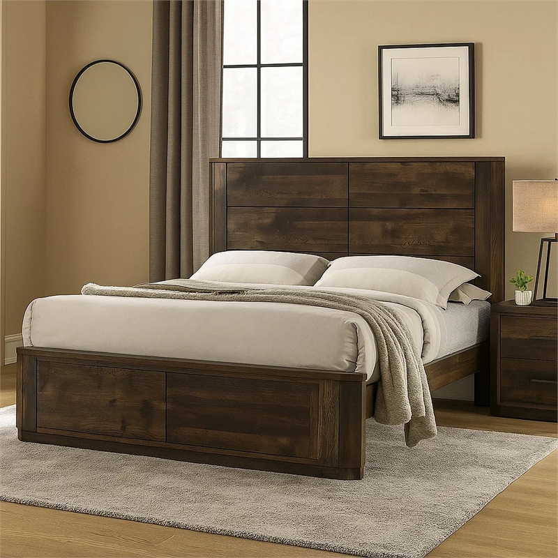 Benjara Transitional Style Wooden Eastern King Bed with Paneled Headboard-Brown