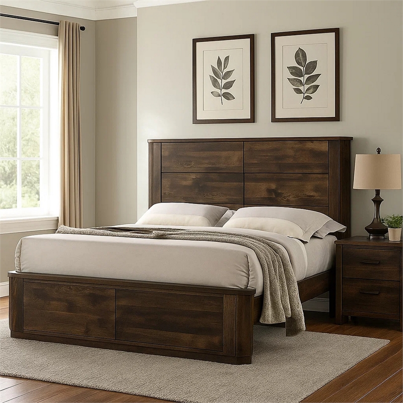 Benjara Transitional Style Wooden Eastern King Bed with Paneled Headboard-Brown