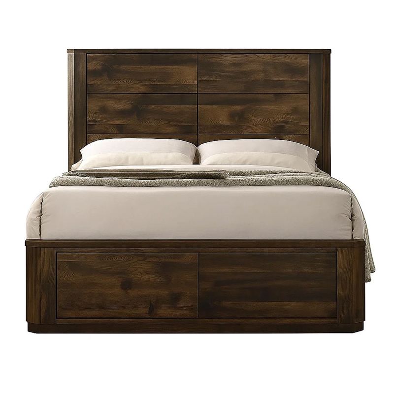 Benjara Transitional Style Wooden Eastern King Bed with Paneled Headboard-Brown