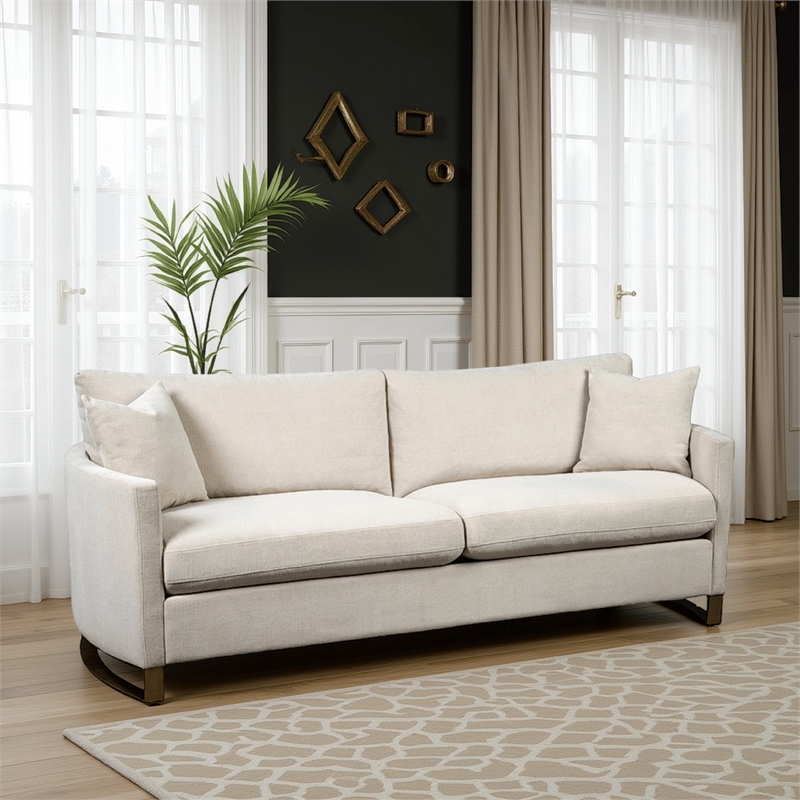 Benjara Fabric Upholstered Sofa with Metal Sled Base and Curved Armrests- Beige