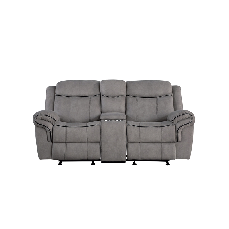 Benjara Fabric Upholstered Metal Reclining Loveseat with Center Console- Gray
