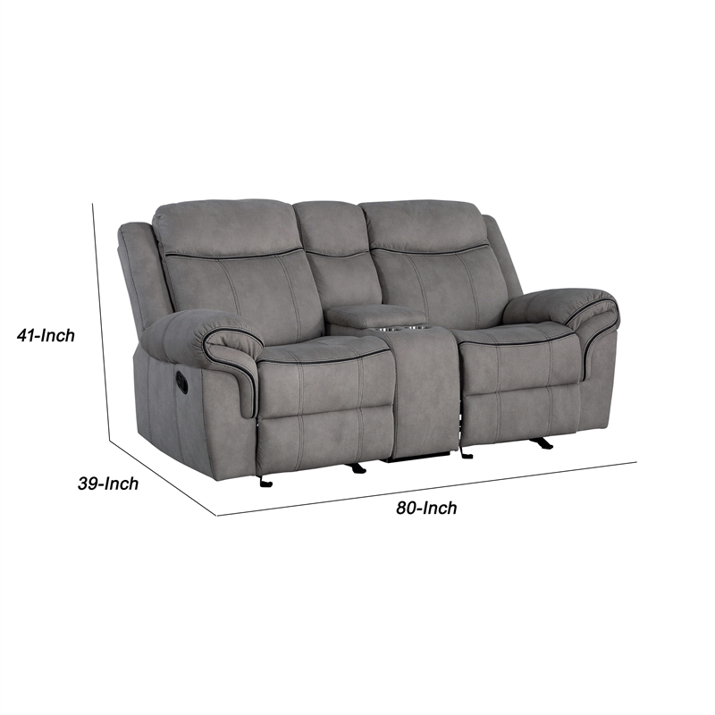 Benjara Fabric Upholstered Metal Reclining Loveseat with Center Console- Gray