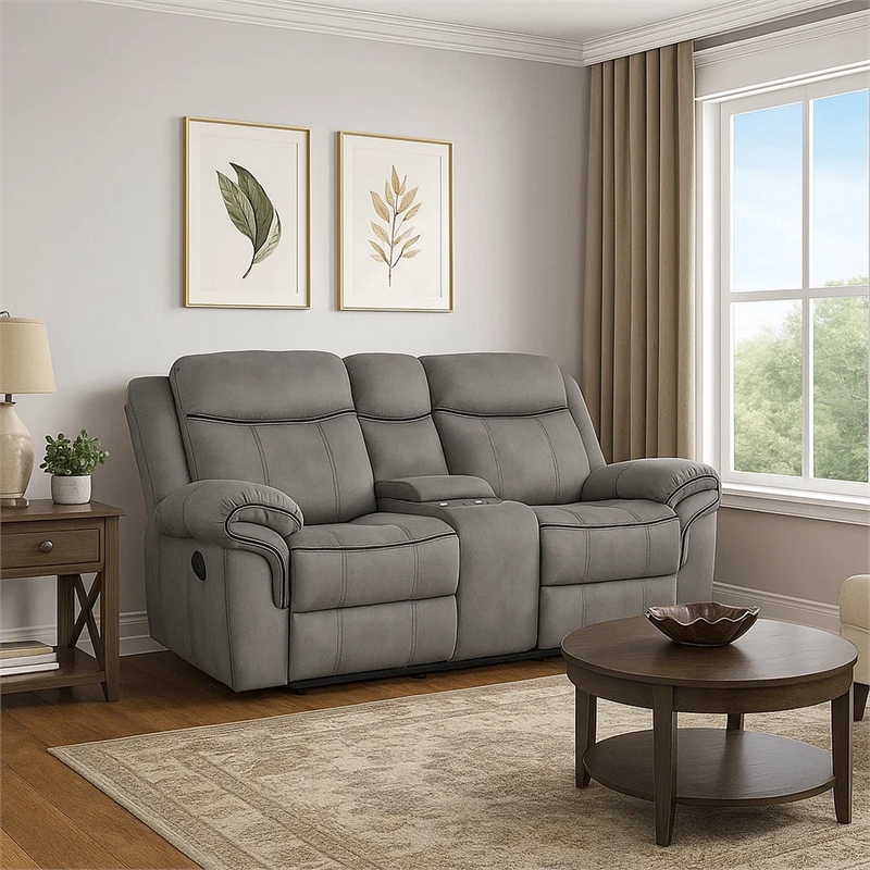 Benjara Fabric Upholstered Metal Reclining Loveseat with Center Console- Gray