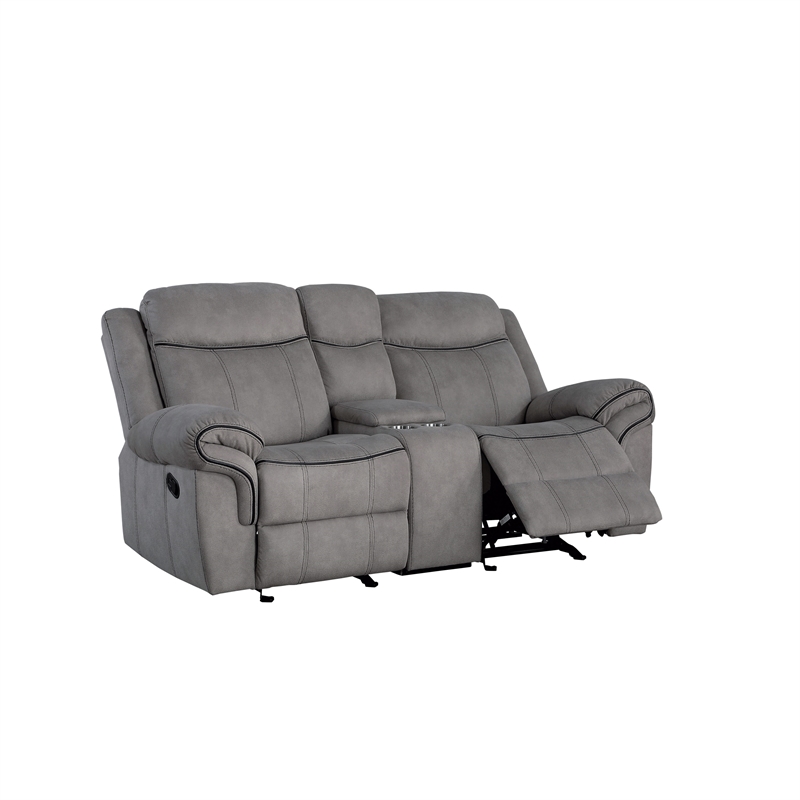 Benjara Fabric Upholstered Metal Reclining Loveseat with Center Console- Gray