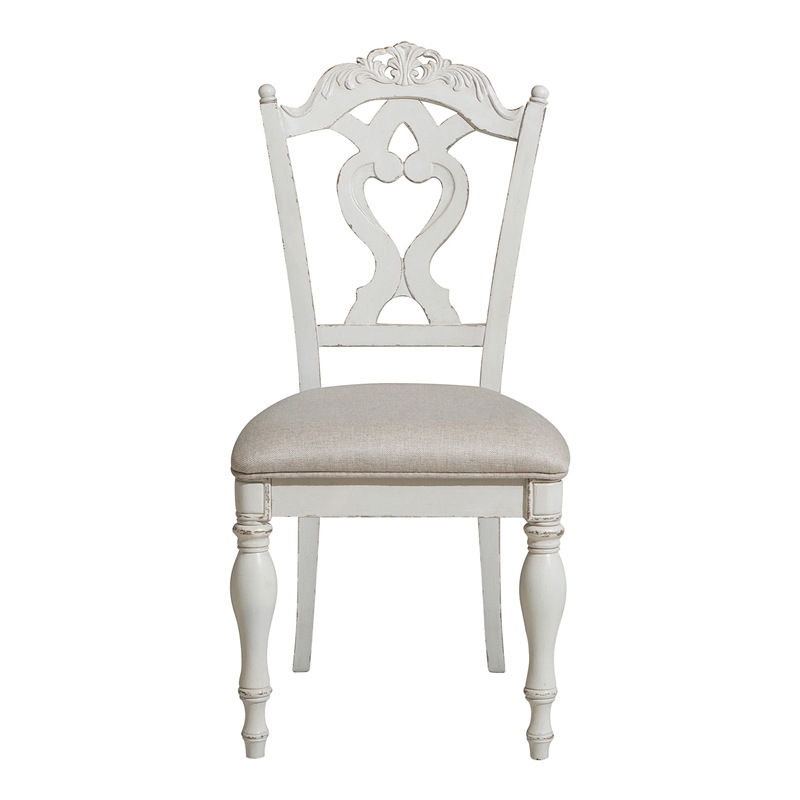 Benjara Victorian Style Writing Desk Chair with Engraved Backrest- Antique White