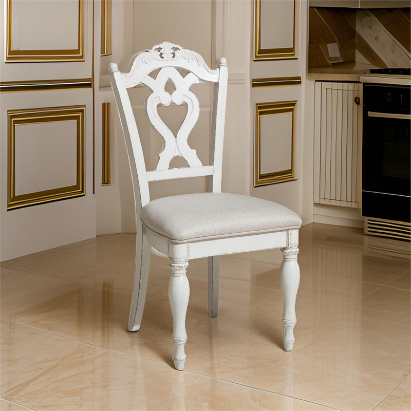 Benjara Victorian Style Writing Desk Chair with Engraved Backrest- Antique White