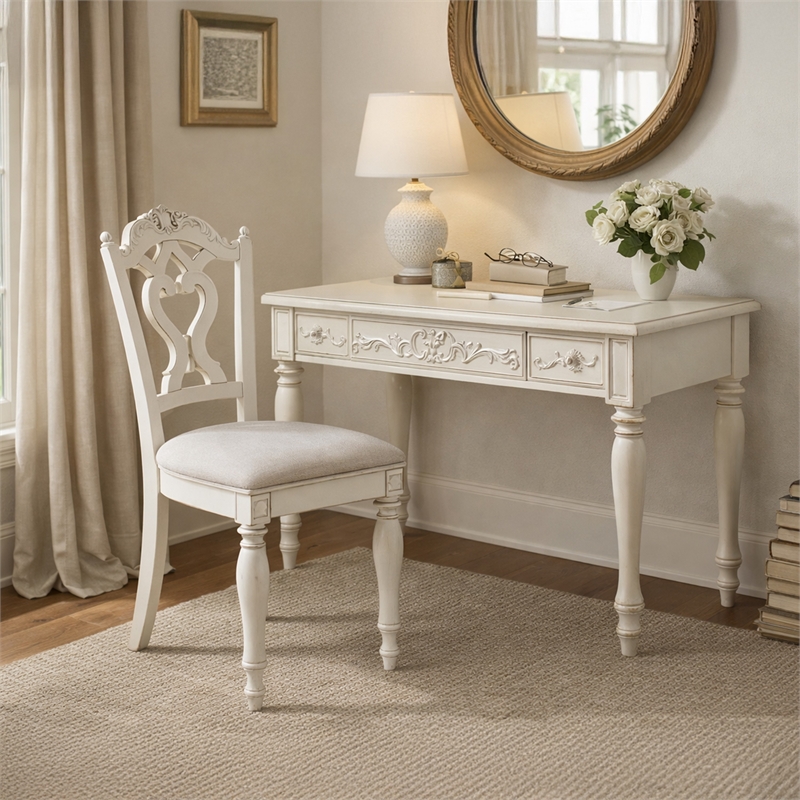 Benjara Victorian Style Writing Desk Chair with Engraved Backrest- Antique White