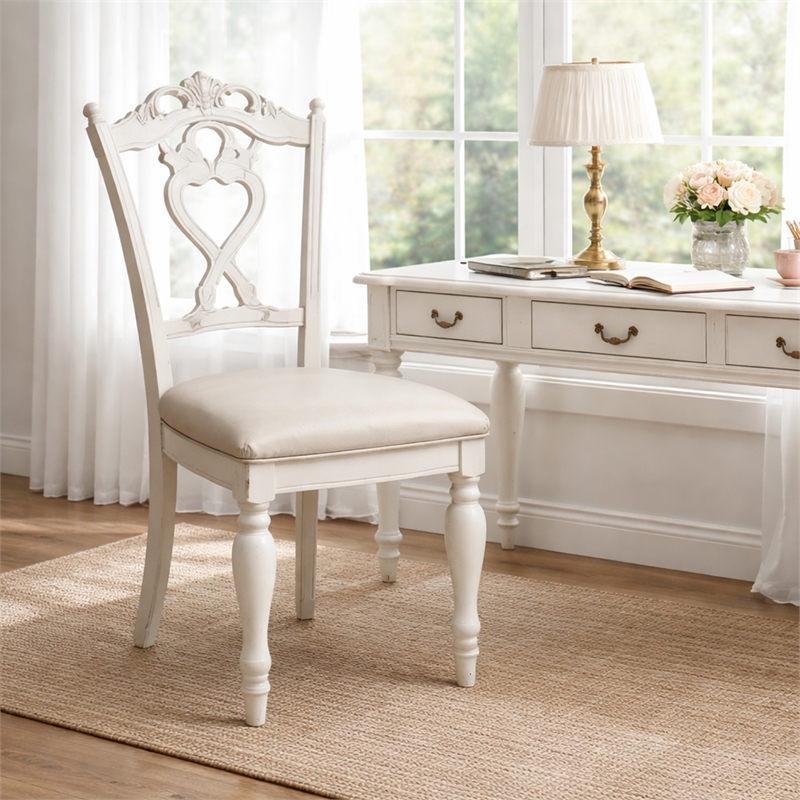 Benjara Victorian Style Writing Desk Chair with Engraved Backrest- Antique White