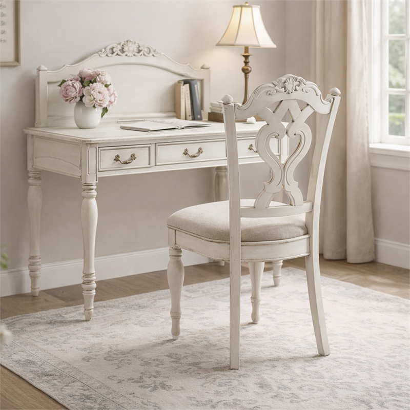 Benjara Victorian Style Writing Desk Chair with Engraved Backrest- Antique White