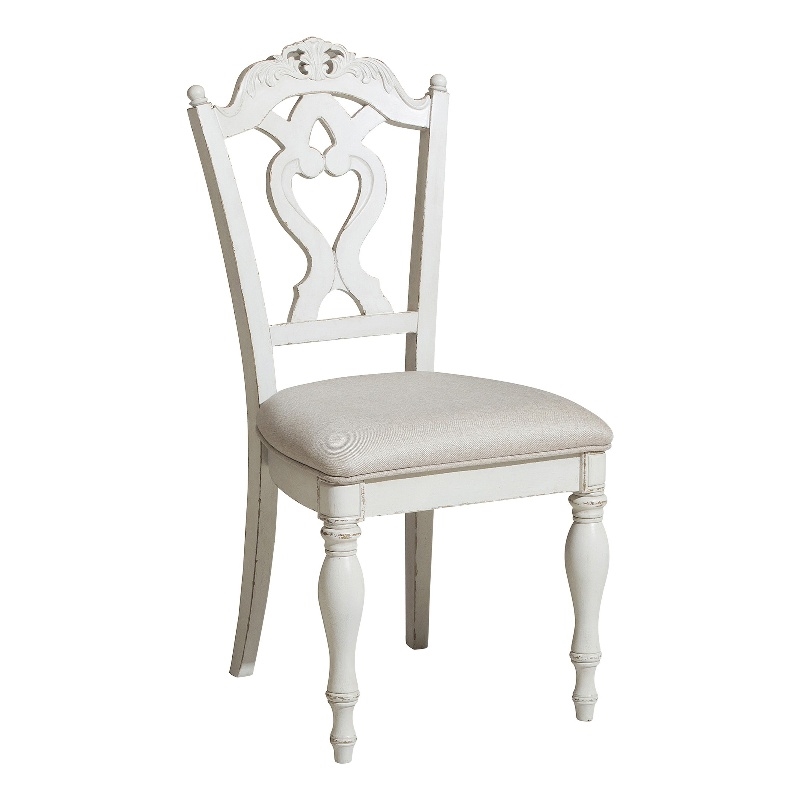Benjara Victorian Style Writing Desk Chair with Engraved Backrest- Antique White