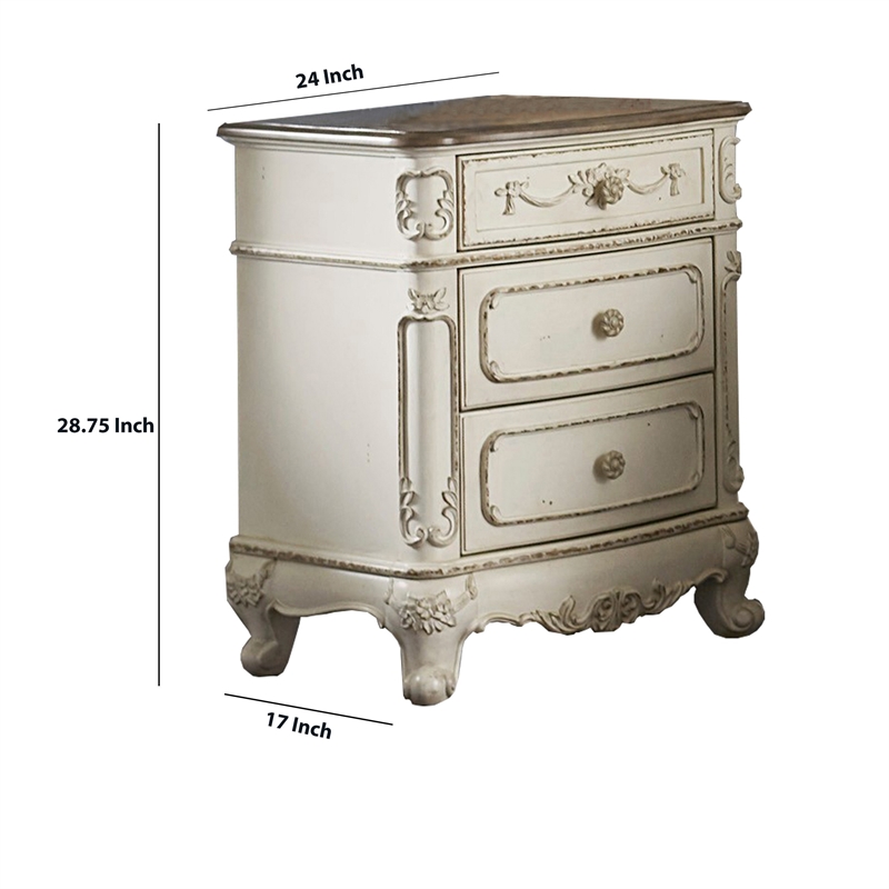 Benjara 3 Drawer NightStand with Floral Motif Carving -Antique White/Brown