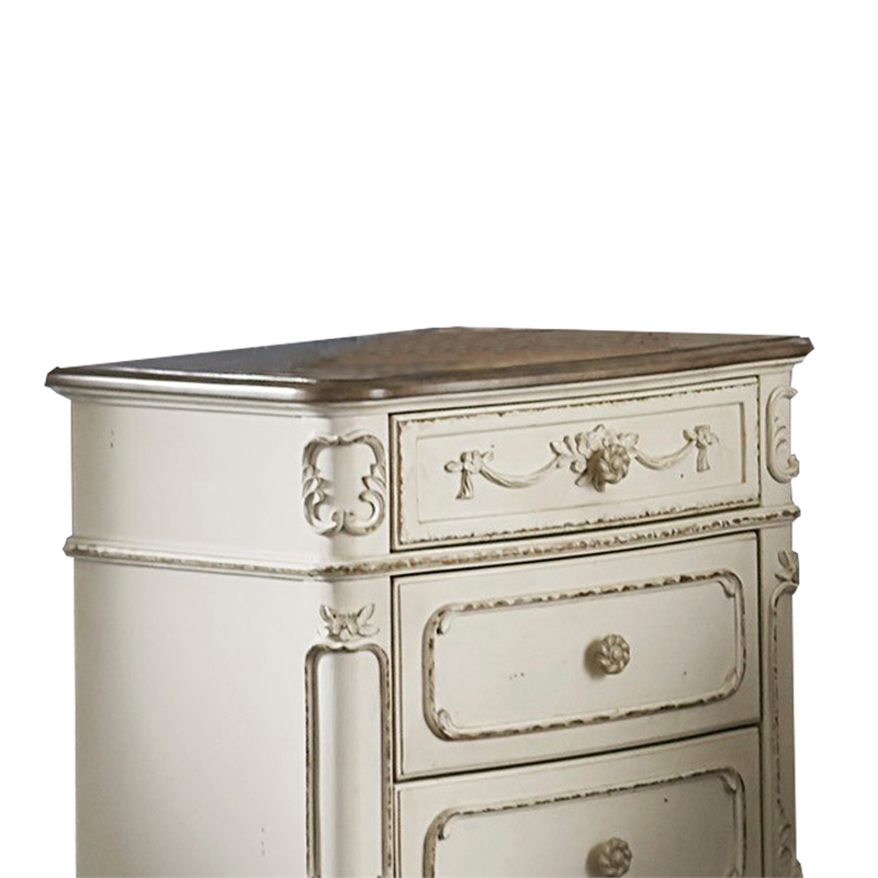 Benjara 3 Drawer NightStand with Floral Motif Carving -Antique White/Brown