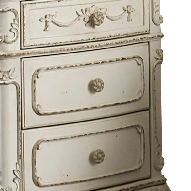 Benjara 3 Drawer NightStand with Floral Motif Carving -Antique White/Brown
