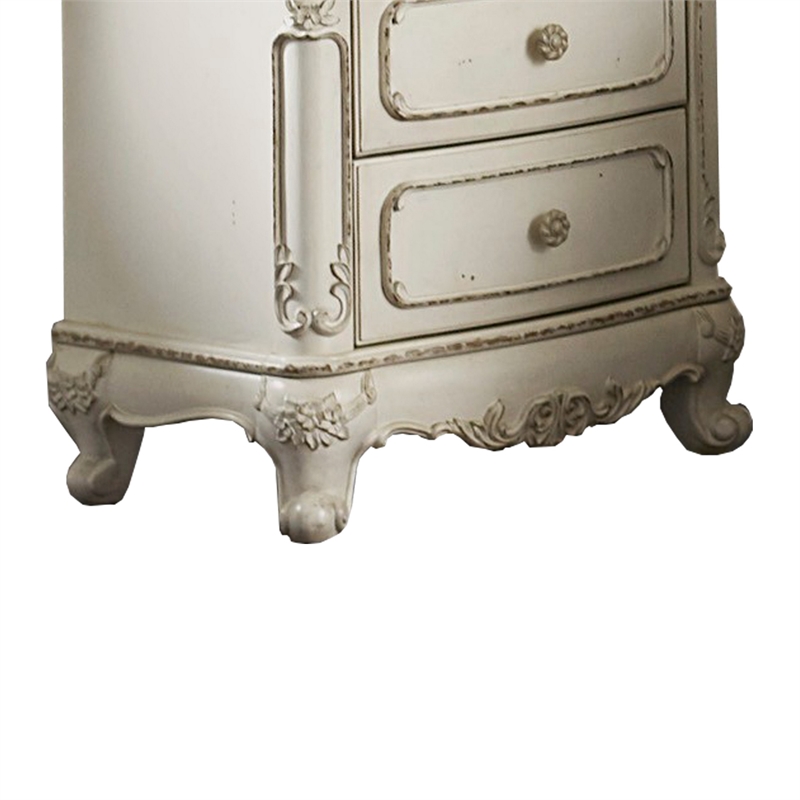 Benjara 3 Drawer NightStand with Floral Motif Carving -Antique White/Brown