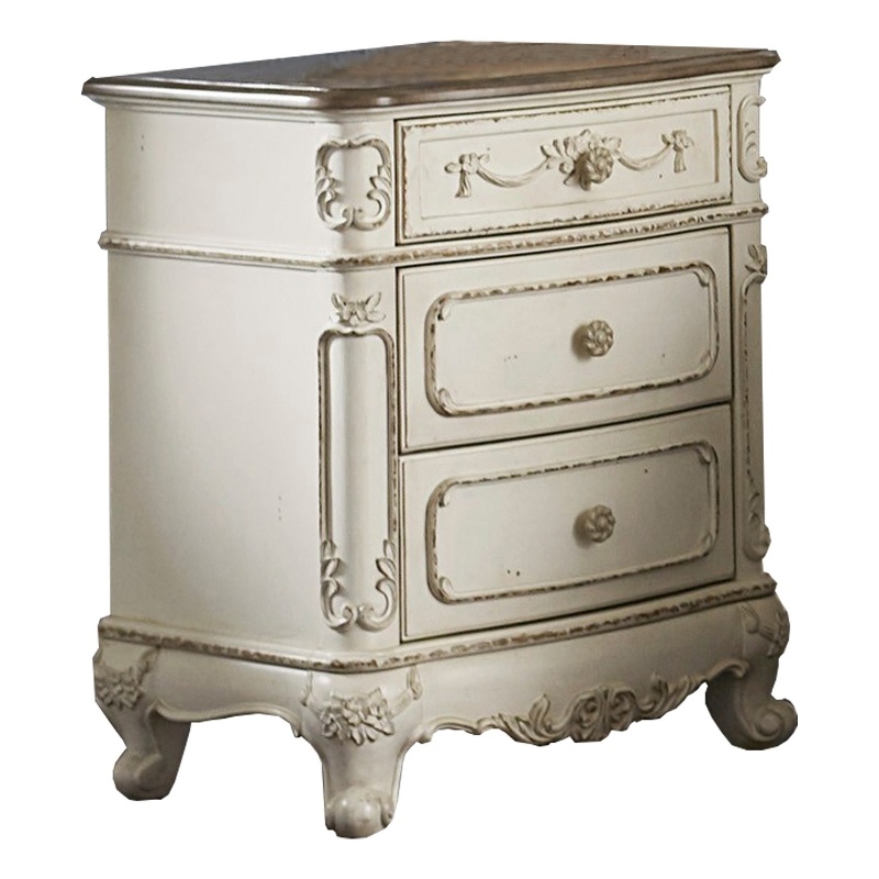Benjara 3 Drawer NightStand with Floral Motif Carving -Antique White/Brown