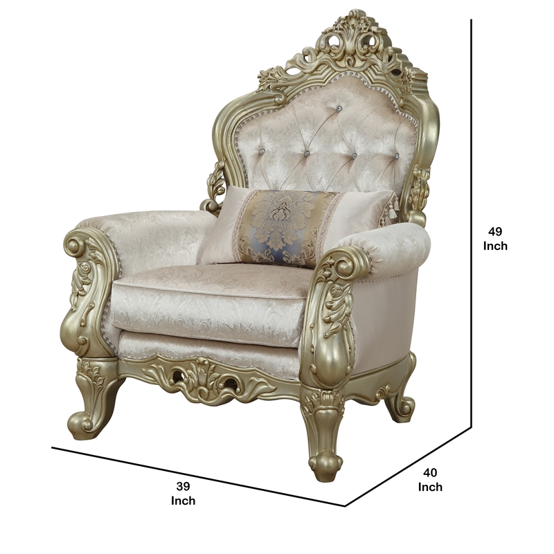 Benjara Curved Design Chair with Scrollwork and Crystal Tufting- Silver and Gold