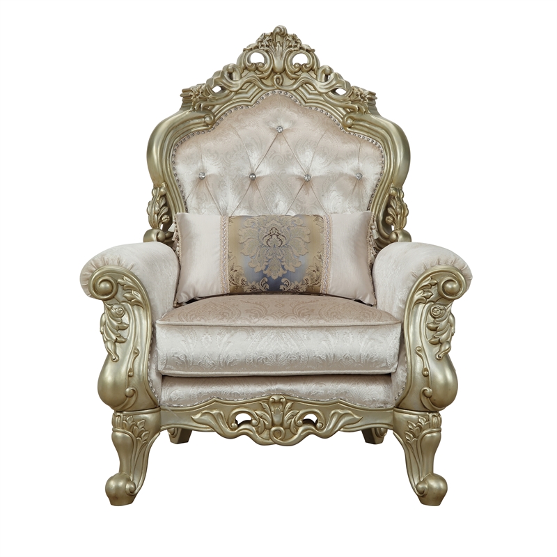 Benjara Curved Design Chair with Scrollwork and Crystal Tufting- Silver and Gold