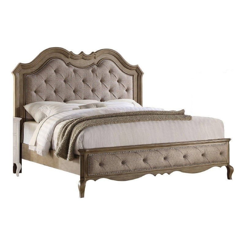 Benjara Button Tufted Fabric Eastern King Size Bed with Molded Details- Beige