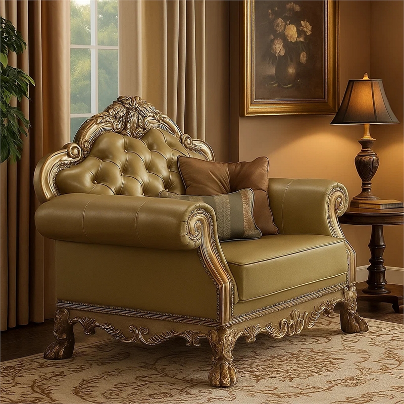 Benjara Traditional Button Tufted Leatherette Chair with Carved Details- Gold