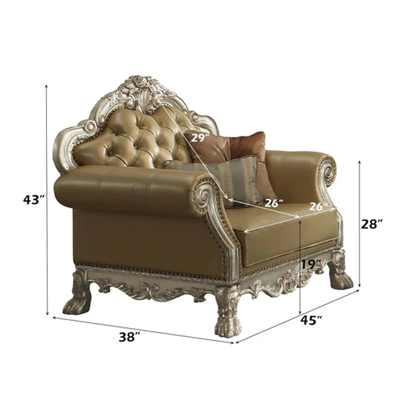Benjara Traditional Button Tufted Leatherette Chair with Carved Details- Gold
