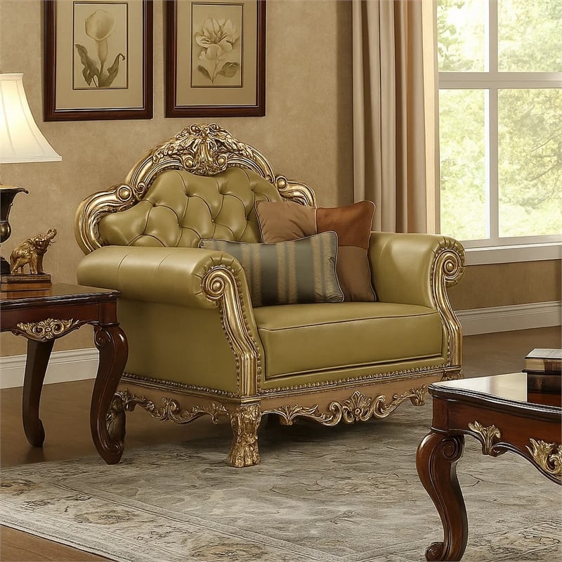 Benjara Traditional Button Tufted Leatherette Chair with Carved Details- Gold