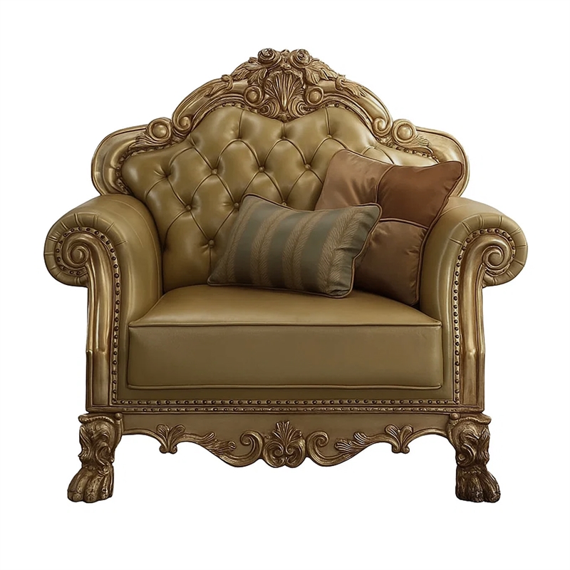 Benjara Traditional Button Tufted Leatherette Chair with Carved Details- Gold