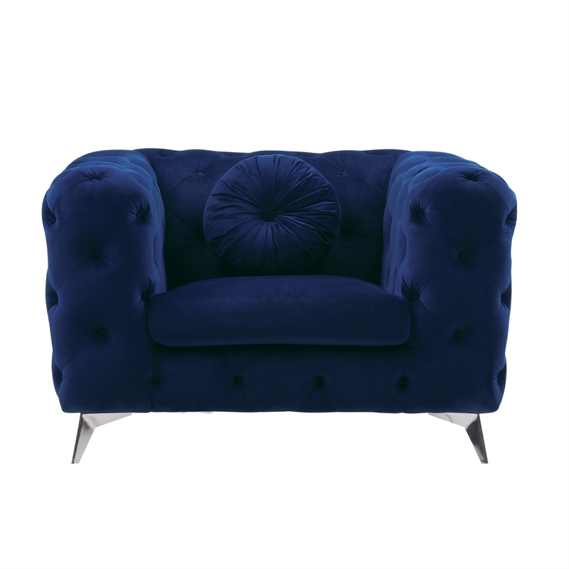 Benjara Chesterfield Design Fabric Chair w/ Track Arms & Angled Metal Legs-Blue