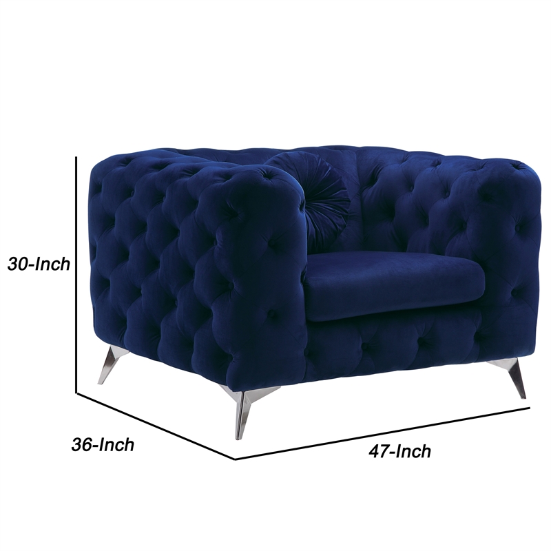 Benjara Chesterfield Design Fabric Chair w/ Track Arms & Angled Metal Legs-Blue
