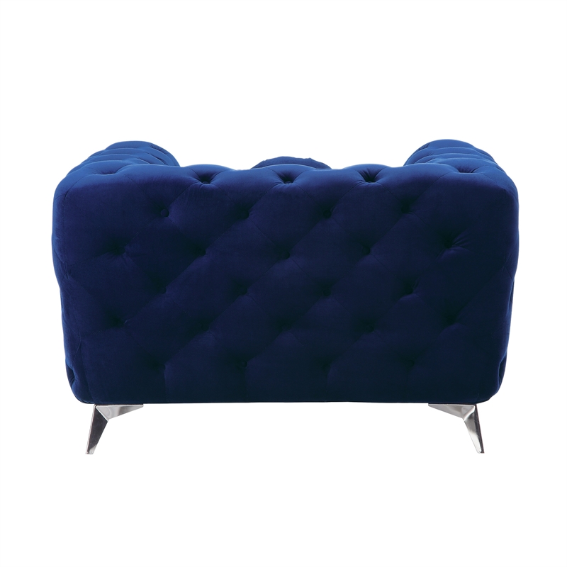 Benjara Chesterfield Design Fabric Chair w/ Track Arms & Angled Metal Legs-Blue