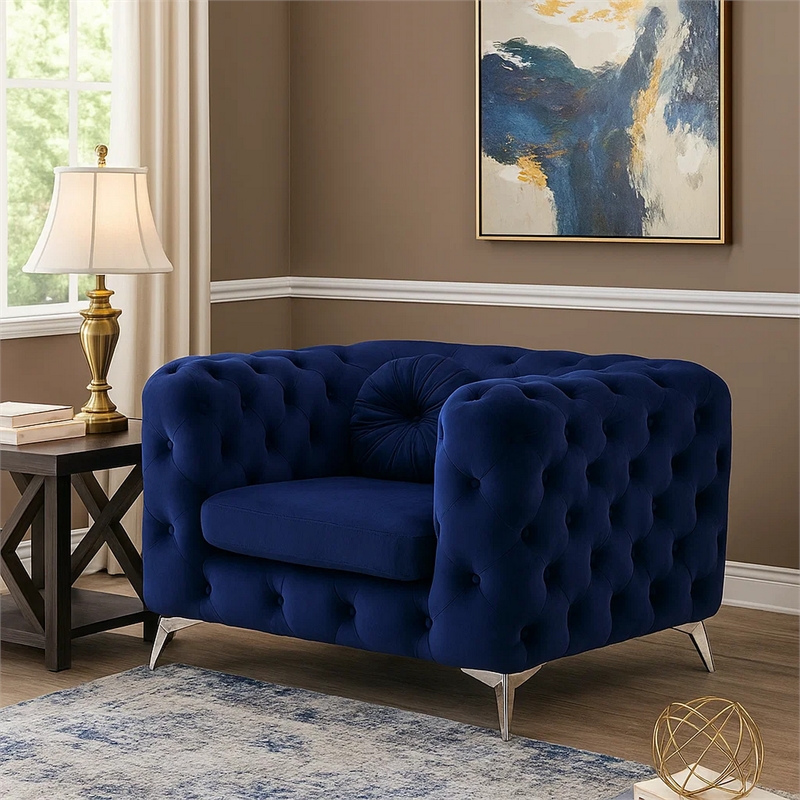 Benjara Chesterfield Design Fabric Chair w/ Track Arms & Angled Metal Legs-Blue