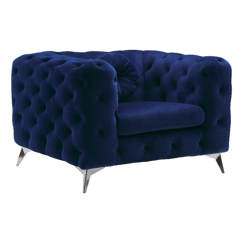 Benjara Chesterfield Design Fabric Chair w/ Track Arms & Angled Metal Legs-Blue